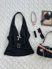 Cyflymder Sexy Black Strap Stripe Top Unique Design Retro Style Cotton Vest for Young Women Trendy Casual Wear Spring Season Chinese Brand