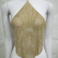 Cyflymder Cross-Border New Summer Women's Metal Rhinestone Tank Top Sexy Spicy Girl Club Crop Top with Nelace Glittering Beads Ladies