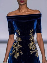 Cyflymder Off Shoulder Women Fall Trend Short Sleeve Embroidery Sexy Dresses Elegant Evening Party Skinny Stretch Midi Bodycon Dress