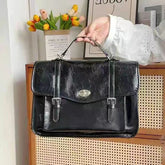 Cyflymder Preppy Flap Messenger Bag For Girls Class Schoolbag Oil Wax Leather Tote Briefcase Crossbody Commute Minimalist Backpack Black