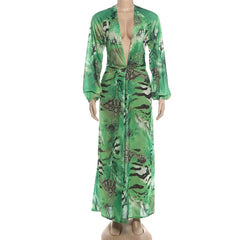Cyflymder Women Fashion Sexy Print Vacation Beach Maxi Dress Deep V Neck Full Sleeve Backless High Split Holiday Party Long Robe Cover Up
