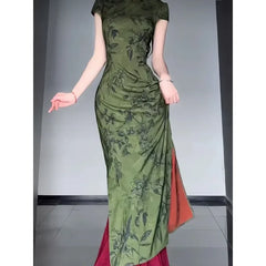 Cyflymder Chinese Style Green Bamboo Leaf Printed Cheongsam Dresses Red Fishtail Skirt 2 Piece Suit Women's Classical Dance Costumes XL