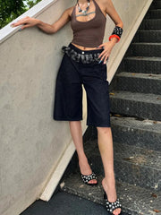 Cyflymder Summer Women's Grid Pattern Splicing Knee Length Shorts Young Girl High Waist Solid Color Bottom Female Capris Straight Trousers