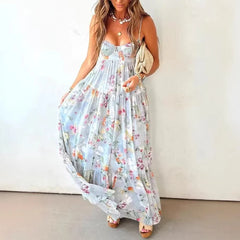 Cyflymder Elegant Sleeveless Hollow Out Pleat Dress Summer New High Waist Backless Evening Dress Sexy Low Cut Halter Floral Printed Dress