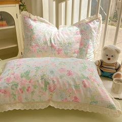Cyflymder New A-Class Hollow Lace Bedding Set Fitted Sheet Quilt Cover Pillowcase for Spring Summer Korean Skin Friendly Cozy Bedclothes
