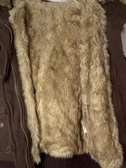 Cyflymder Winter American Vintage Y2K Warm Faux Fur Jacket Womens Brown Zipper Hooded Coat Autumn Casual Parkas Overcoats