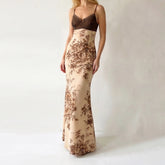 Cyflymder Women's Elegant Brown And Cream Floral Maxi Slip Dress Lace-Trimmed Spaghetti Straps, Vintage-Inspired Floor-Length Outfits Chic