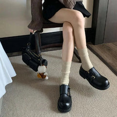 Cyflymder Women's Leather Flat Shoes Retro Double Button Loafers Women's Genuine Leather Round Toe Big Toe Women's Shoes