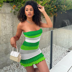 Cyflymder Striped Knitting Sheer Birthday Dress for Women Party Night Sleeveless Strapless Stretchy Slim Club Mini Short Dresses Vestidos