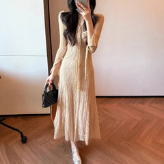 Cyflymder French Style V-Neck Fashionable Drawstring Dresses Spring Summer Elegant Bow Women's Clothing Lace Aura Slim Bag Hip Long Dress