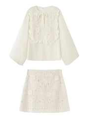 Cyflymder Embroidery Crochet Hollow Shirts For Women Elegant Long Sleeve O Neck Lace Up Blouse Female 2025 New Summer Casual Loose Shirt