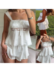 Cyflymder Women s Lace Trim Square Neck Sleeveless Cami Pajama Set with Elastic Waist Mini Shorts - 2 Piece Sleepwear Outfit for a