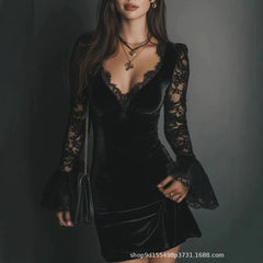 Cyflymder Sexy Lace V-neck Mini Dress for Women's Flare Sleeve Velvet See Through Slim Gothic Punk High Street Vintage Elegant Dress