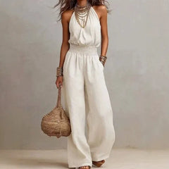 Cyflymder New Sleeveless Linen Backless Jumpsuit Women's Cross-Border Street Style Wide Leg Pants Long Trousers No Neck Label