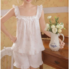 Cyflymder Floral Girl Retro Square Collar Suspender Pajamas Ruffle Edge Cotton Silk Loose Loungewear Suit Women's Bow Sweet