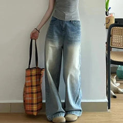 Cyflymder Chic Washed Scratched Wide Leg Jeans Women Vintage Distress Light Blue Straight Denim Trouser Niche Style High Waist Loose Pants