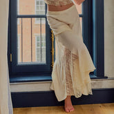 Cyflymder Fashion Women's Midi Skirt Low Waist Patchwork Lace Satin Skirt with Lace Flower Y2K Vintage Skirt for Summer Hoiday