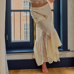 Cyflymder Fashion Women's Midi Skirt Low Waist Patchwork Lace Satin Skirt with Lace Flower Y2K Vintage Skirt for Summer Hoiday