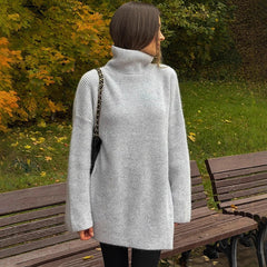 Cyflymder Turleneck Knitted Sweater Women's Solid Loose Fashion Pullover Sweater Autumn Winter Warm Female Casual Gray Top Female