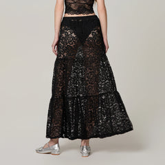 Cyflymder Women Summer Solid Color Long Skirt Casual See-Through Lace Elastic A-Line Skirt for Beach Vacation Club