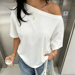 Cyflymder Women's Causal Skew Neck Half Sleeve T-Shirts Women All Match Solid Loose Thin Tops Fashion Streetwear Clothes Tees Lades