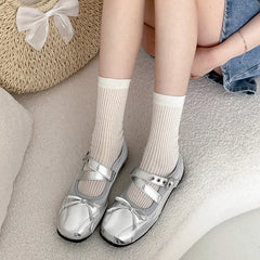 Cyflymder Spring Silvery Thick Bottom Women Mary Jane Shoes Ladies Casual Shallow Single Leather Shoes Eelgant Round Toe Shoes