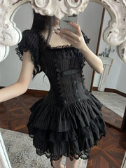 Cyflymder Dark Gothic Sweet Lolita Dress Women Cross Patchwork Lace Ruffle Puff Sleeve Tie Waist Slim Fit Mini Dress Sexy Party Outfit