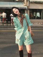 Cyflymder Set Summer New Popular Green Striped Shirt Shorts Two-piece Set