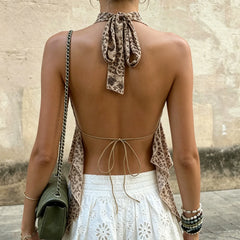 Cyflymder Vintage Leopard Print Deep Halter V-Neck Camisole Sexy Backless Design Irregular Hem Chic Tops Women's Summer Soft Mesh Clothes