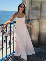 Cyflymder Backless Ruffle Halter Long Dress Chic Lady Sexy Sleeveless Off Shoulder High Waist Maxi Dresses Women Vacation Beach Gown