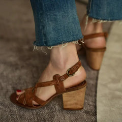 Cyflymder Leather Chunky Heel Open Toe Buckle Women's Sandals
