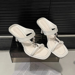 Cyflymder White Women's Summer Outdoor Chain Square Toe Open-Toe High Heel Sandals Girls' Summer Slippers