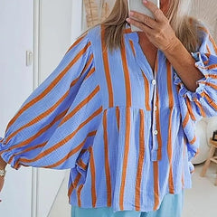 Cyflymder Streetwear Fashion Striped Print Women Blouses 2025 Spring V Neck Button Top Pullover Autumn Puff Long Sleeve Loose Shirt Blusas