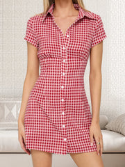 Cyflymder Women Plaid Shirt Dress Fit Collared Short Sleeve Button-up A-line Mini Dress Casual Summer Streetwear with Belt