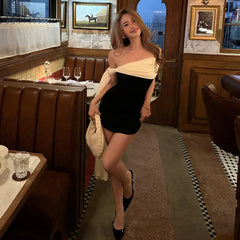 Cyflymder Color Patchwork Lace Up Ribbon Bodycon Mini Dress Women Elegant Sexy Ruched Off Shoulder Strapless Wrap Hip Slim Party Clubwear
