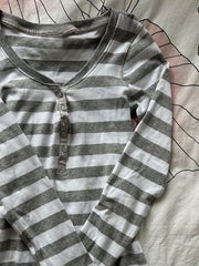Cyflymder Vintage Stripe T-shirt Slim Y2k Punk Goth Woman Clothes Button Crop Top Streetwear Harajuku Long Sleeves Fashion High Street 90s
