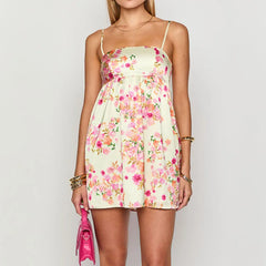 Cyflymder Summer Fashion Hollow Out Party Short Dress Elegant Women's Pleat Garden Party Dress Flower Printed Sleeveless Halter Mini Dress