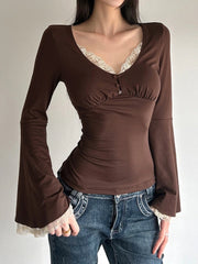 Cyflymder Autumn Temperament Lace Patchwork V Neck Flare Sleeve Solid Slim Sexy All Match Top Female