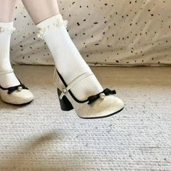 Cyflymder Bow Shoes 2025 Slim Heels Mary Jane Chunky Sandals Clogs for Women Latest Slimming Retro Leather Lolita Block Spring African But