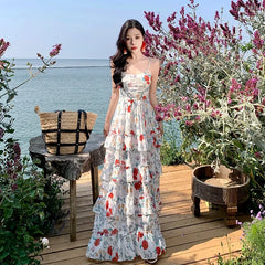 Cyflymder Summer New Style Haikou Holiday Floral Print Strapless Dress Maxi Skirt French Cake Long Dress Sleeveless Other Styles Origin Ch