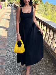 Cyflymder Women's Midi Dress Y2K Style Black Strapless Square Neck Long Sleeve Loose Casual Best for Spring and Summer