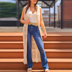 Cyflymder Loose Single Breasted Sleeveless Outwear Lady Casual Vacation Streetwear Fashion Hook Flower Knitted Hollow Out Long Cardigans