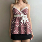Cyflymder Women Summer Vintage Dots Print Camisole Tanks Tops Spaghetti Strap V-Neck Lace Trim Bowknot Tiered Ruffles Vests Steetwear