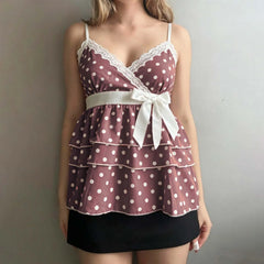 Cyflymder Women Summer Vintage Dots Print Camisole Tanks Tops Spaghetti Strap V-Neck Lace Trim Bowknot Tiered Ruffles Vests Steetwear