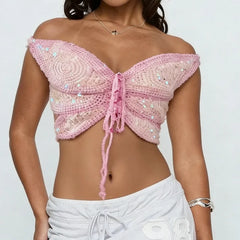 Cyflymder Women Y2k Crochet Knitted Sequin Butterfly Crop Tops Off Shoulder Halter Deep V Neck Tie Front Backless Lace Up Tank Tops