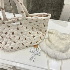 Cyflymder Sweet Cute Bear Bow Tote Bag Women White Diamond Quilting Large Capacity Shoulder Bag Ladies Daily Casual Versatile Shopping Bag