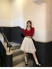 Cyflymder Sweet White Lace Skirt Women Spring Summer High Waist Pleated A-line Midi Skirts Temperament Ballet Style Faldas