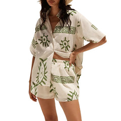 Cyflymder Boho Beach Style 2 Piece Outfits Fashion Printed Short Sleeve Button Up Blouse Tops + Shorts Set Women Lounge Matching Beachwear