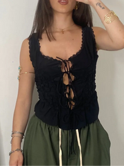 Cyflymder Women's tops summer bow pleated sleeveless tops ladies fashion suspenders cute girly style tops sexy short tops