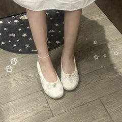 Cyflymder Korean Style Unique Star Embroidery Bow Ballet Shoes For Women New Sweet Girlish Flat Shallow Mouth Dress Footwear